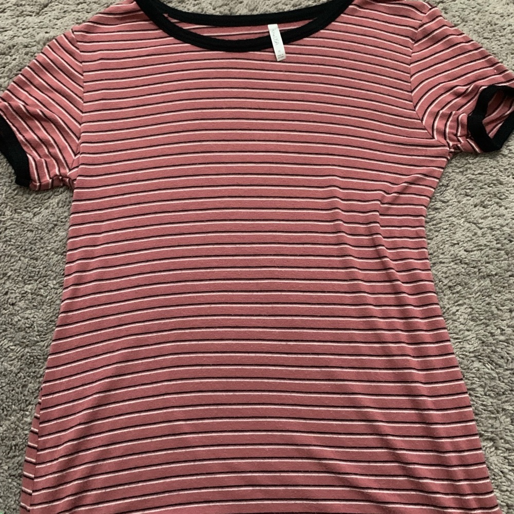 A medium pink, black, white striped short sleeve